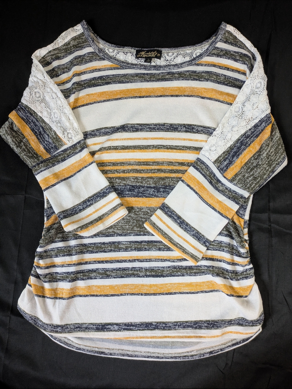 Striped Lace-Sleeve Knit Top - White, Mustard & Charcoal -